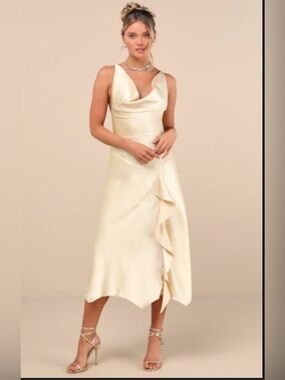 Lulus Evette Pale Yellow Satin Cowl ruffled Handkerchief Midi dress Size XS